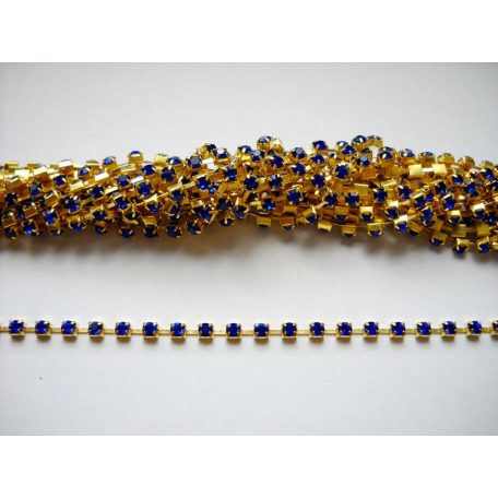 Strasszlánc - 3,2 mm - királykék -arany - 25 cm