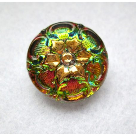 Kézzel festett cseh irizáló üveggomb - vitrail medium  -  virágmintás