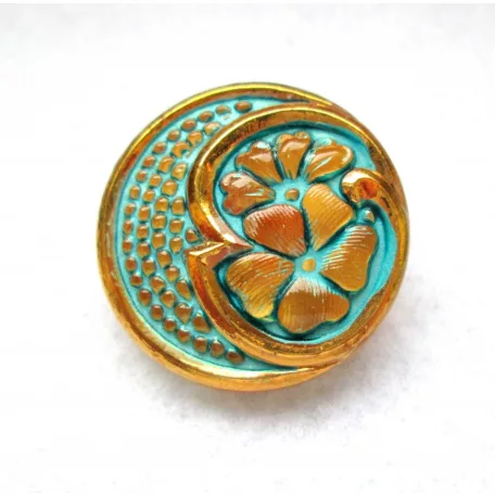 Kézzel festett cseh irizáló üveggomb -arany türkiz - virágmintás