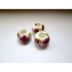 Porcelán gyöngy - mályva virág mintával - 14x10 mm