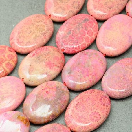 Korall fosszília ovális gyöngy - rózsaszín- 31x22 mm