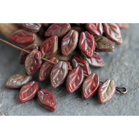 Cseh levél gyöngy 10x6 mm - Earthy Picassso Red