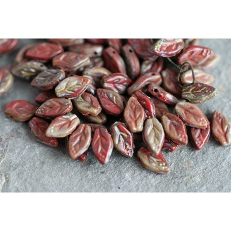 Cseh levél gyöngy 10x6 mm - Earthy Picassso Red