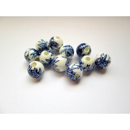 Porcelán gyöngy -  kék bambuszlevél mintával - 10 mm