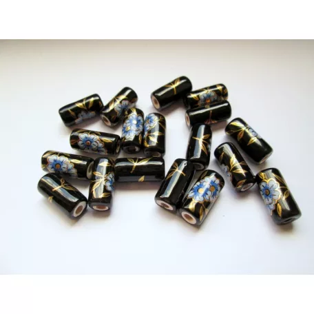 Porcelán gyöngy - fekete henger kék virágmintával  - 16x6 mm - nagylyukú (3 mm)