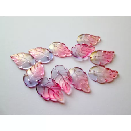 Üveg levél medál - 24x15 mm - aranyfüstös lila pink