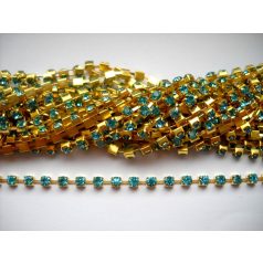 Strasszlánc - 3,2 mm - aquamarine -arany - 25 cm